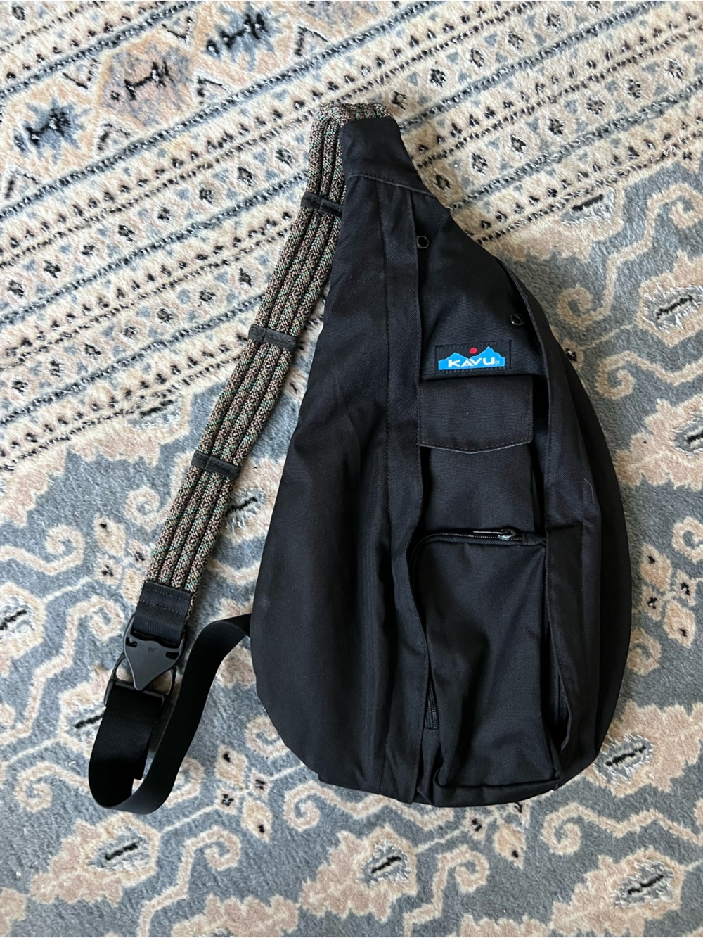 Kavu Black Rope Sling Bag with Patterned Woven Strap
